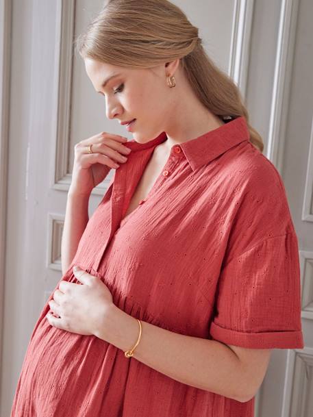 Vestido bordado estilo camisa, em gaze de algodão, especial gravidez e  amamentação-Roupa grávida-Vertbaudet