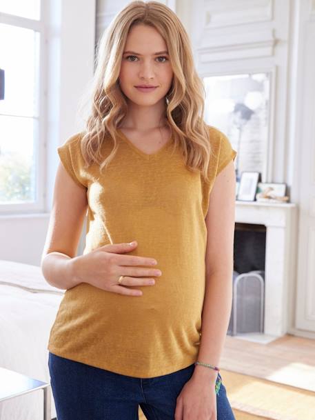 T-shirt com decote em V, em algodão e linho, especial gravidez açafrão 