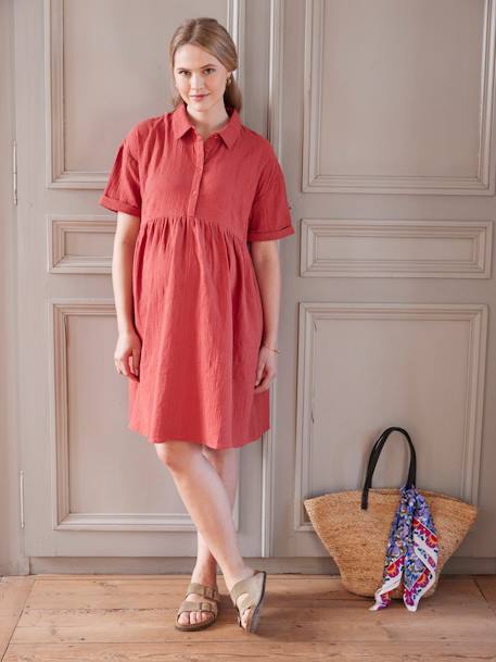 Vestido bordado estilo camisa, em gaze de algodão, especial gravidez e amamentação tomate 