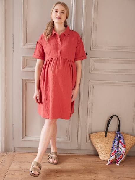 Vestido bordado estilo camisa, em gaze de algodão, especial gravidez e amamentação tomate 