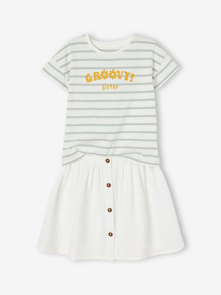 Conjunto t-shirt e saia em gaze de algodão, para menina cru+terracota 