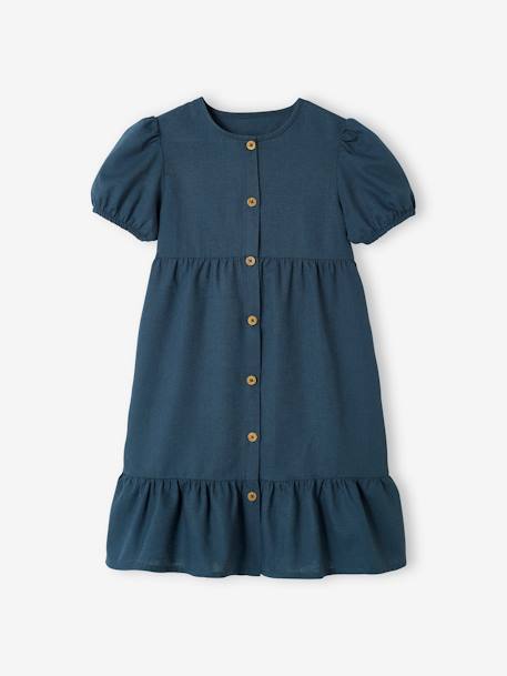 Vestido com botões, em algodão/linho, para menina azul-tinta 