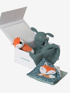 Caixa presente com 3 brinquedos: boneco-doudou + roca + livro de ilustrações