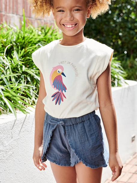T-shirt com pássaro e sem mangas, para menina cru+rosa-bombom 