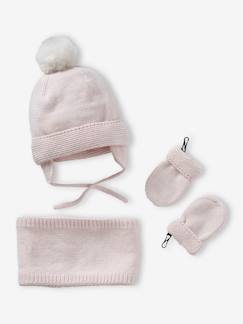 Bebé 0-36 meses-Acessórios-Gorros, cachecóis, luvas-Conjunto gorro + gola snood + luvas de polegar, para bebé menina