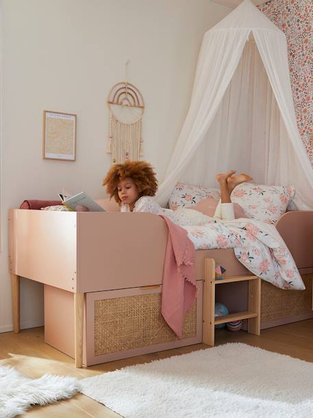 Cama alta Montessori com arrumações em palhinha, para criança, Poesia rosa-nude 
