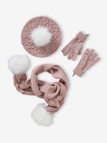 Conjunto boina + cachecol + luvas ou luvas de polegar, em malha ajurada e pelinho fantasia, para menina rosado 