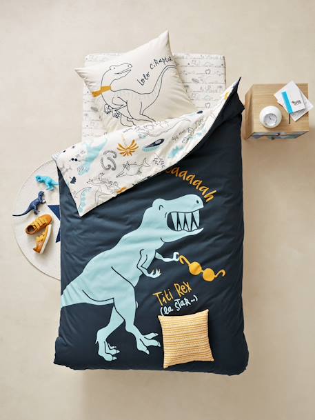 Conjunto reversível capa de edredon + fronha de almofada, para criança, tema Dinossauros Azul estampado 