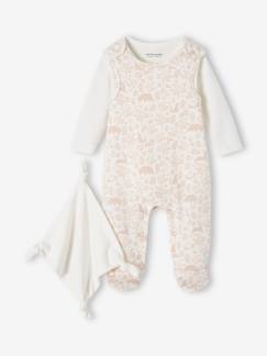 Algodão Biológico-Bebé 0-36 meses-Conjuntos-Conjunto de 3 peças: macacão + body + boneco doudou, em algodão bio, para recém-nascido