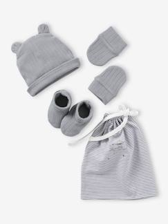 Bebé 0-36 meses-Acessórios-Conjunto recém-nascido em malha canelada: gorro + luvas de polegar + botinhas + saco