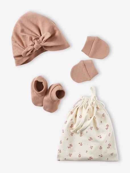 Conjunto gorro + luvas de polegar + sapatinhos + bolsa, para bebé cappuccino 
