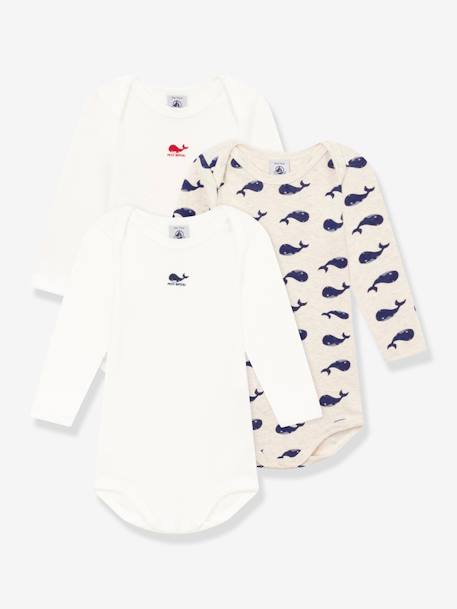Lote de 3 bodies de mangas compridas, com baleias, para bebé, em algodão, da Petit Bateau branco 