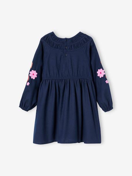Vestido de mangas compridas, flores bordadas, para menina azul-noite 