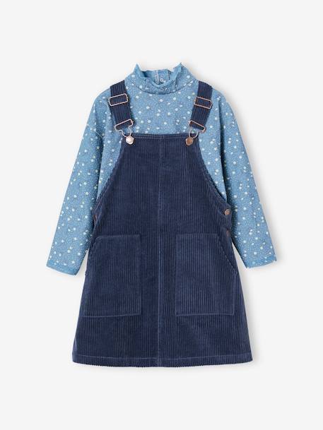 Conjunto camisola + vestido estilo jardineiras, em bombazina, para menina azul-noite+chocolate 