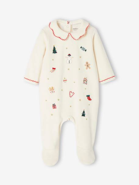 Pijama de Natal bordado, em veludo, para bebé cru 