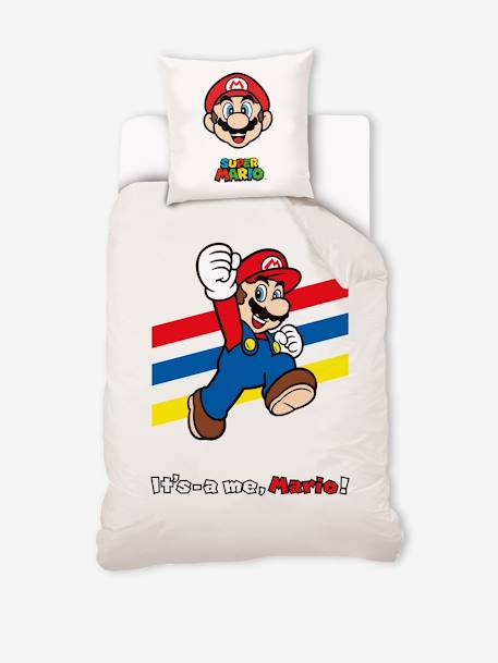 Conjunto capa de edredon + fronha de almofada, para criança, tema Super Mario@ e Luigi branco 