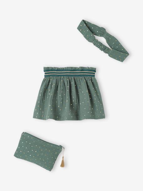 Conjunto de Natal 'Adoré': saia, fita de cabelo e bolsa bordada, para bebé verde-esmeralda 