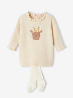Bebé 0-36 meses-Conjunto de Natal, vestido em tricot com rena + collants, para bebé
