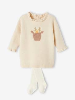 Conjunto de Natal, vestido em tricot com rena + collants, para bebé