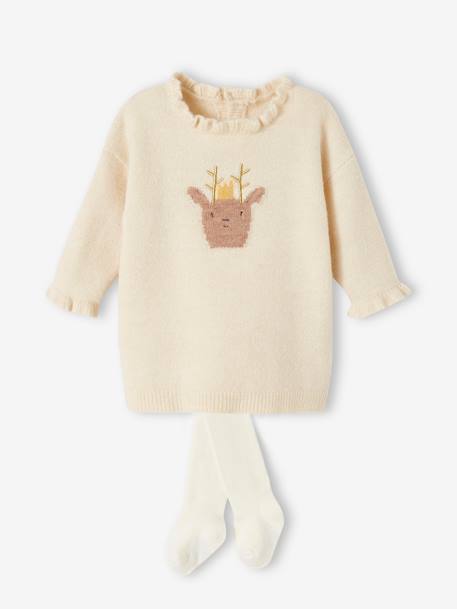 Conjunto de Natal, vestido em tricot com rena + collants, para bebé cru 