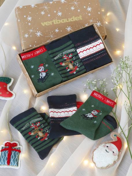 Conjunto de 3 pares de meias de Natal, para menino verde-abeto 