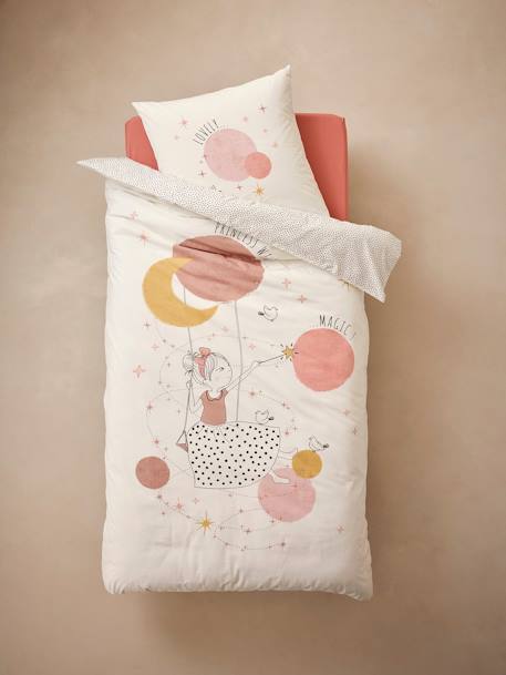 Conjunto capa de edredon + fronha de almofada para criança, com algodão reciclado, Princesa Poesia branco estampado 