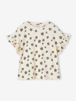 Menina 2-14 anos-T-shirts-T-shirts-T-shirt em canelado, estampada às flores, para menina
