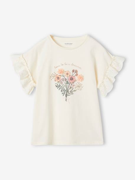 T-shirt com bouquet em relevo, mangas bordadas, para menina baunilha 