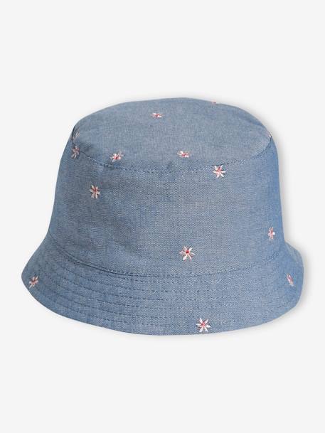 Chapéu tipo bob em ganga e com flores bordadas, para bebé menina azul-ganga 