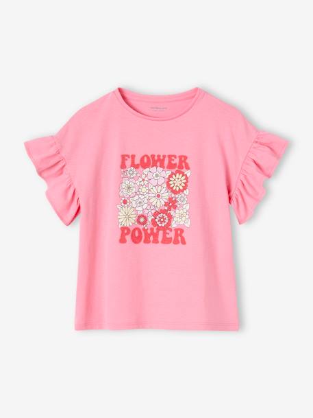 T-shirt 'Flower Power', folhos nas mangas, para menina rosa-bombom 