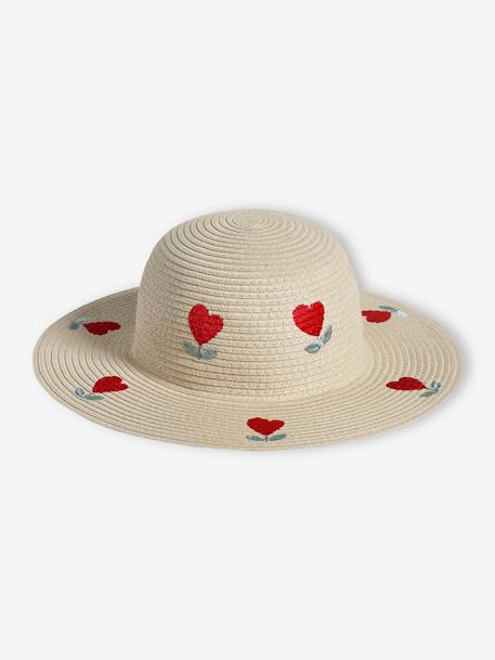 Chapéu modelo capeline aspeto palha, com corações, para menina madeira 