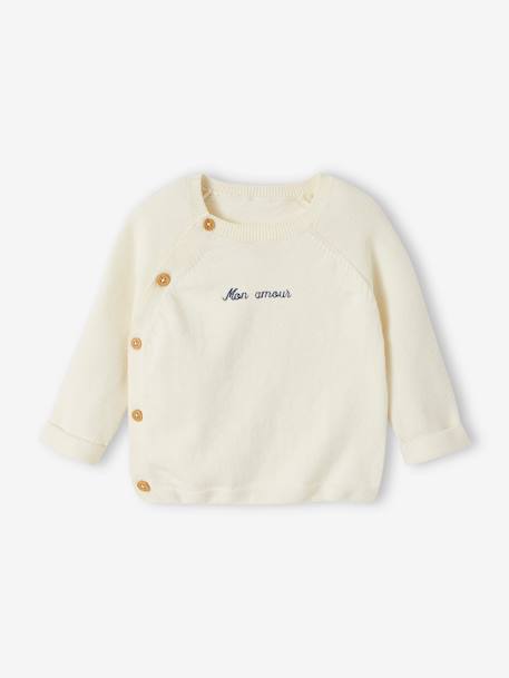 Camisola em tricot, abertura à frente, para bebé cru 