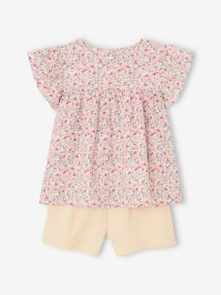 Menina 2-14 anos-Conjunto blusa às flores e calções, em gaze de algodão, para menina