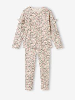 Pijama em malha canelada, estampado às flores, para menina