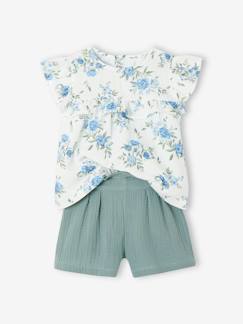 Menina 2-14 anos-Conjuntos-Conjunto de cerimónia, blusa com folhos e calções em gaze de algodão, para menina