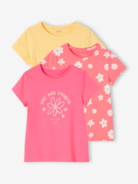 Lote de 3 t-shirts sortidas com detalhes irisados, para menina amarelo-pastel+AZUL ESCURO LISO COM MOTIVO+CASTANHO CLARO LISO COM MOTIVO+marinho+rosa-framboesa+verde-salva 
