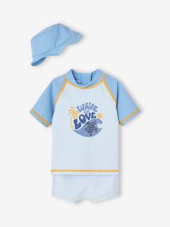 Conjunto de banho anti UV, com t-shirt + calções + chapéu tipo bob, para bebé menino
