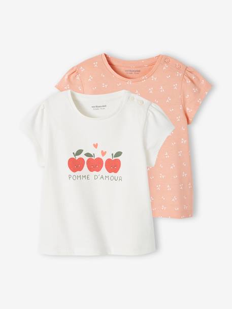 Lote de 2 t-shirts basics de mangas curtas, para bebé rosa+rosa-velho 