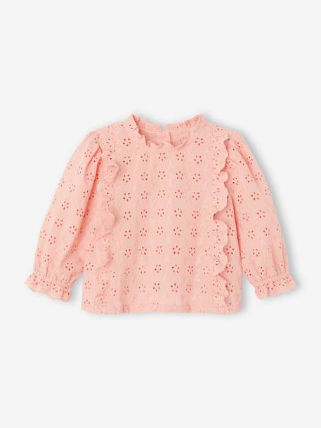 Blusa em bordado inglês, com folhos, para bebé rosa-pálido 