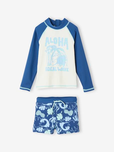 Conjunto de banho anti-UV, t-shirt + calções, para menino azul 