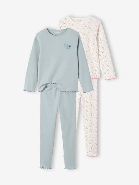 Lote de 2 pijamas às flores, em malha canelada, para menina azul-acinzentado 