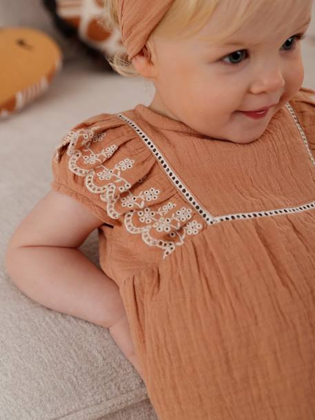 Conjunto bordado: blusa + calções + fita de cabelo, em gaze de algodão, para bebé caramelo 