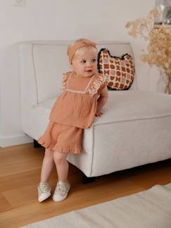 Bebé 0-36 meses-Conjuntos-Conjunto bordado: blusa + calções + fita de cabelo, em gaze de algodão, para bebé