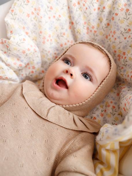 Macacão em tricot, de mangas compridas e gorro, para bebé bege mesclado 