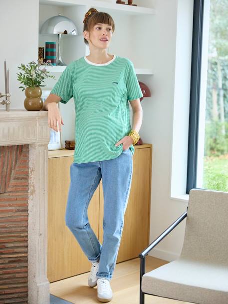T-shirt às riscas em algodão, personalizável, especial gravidez e amamentação verde+VERMELHO MEDIO AS RISCAS 
