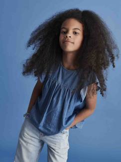 Denim-Menina 2-14 anos-Blusas, camisas-Blusa em ganga leve, mangas curtas com folho, para menina