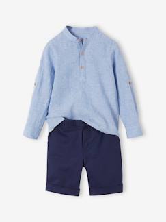 Conjuntos-Menino 2-14 anos-Conjunto de cerimónia, camisa com gola Mao e calções, para menino