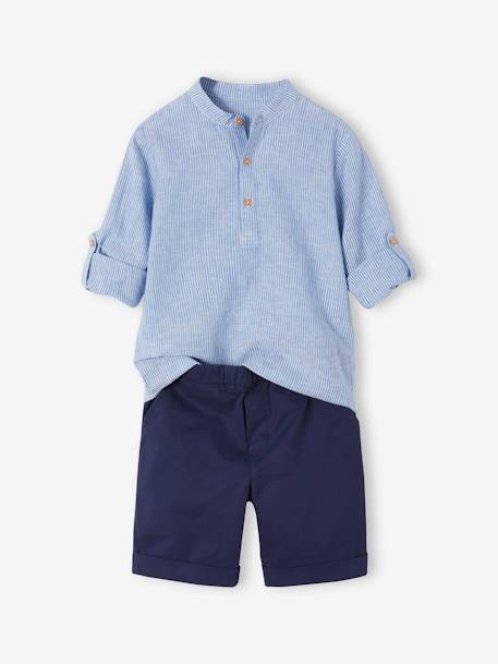 Conjunto de cerimónia, camisa com gola Mao e calções, para menino riscas azuis 