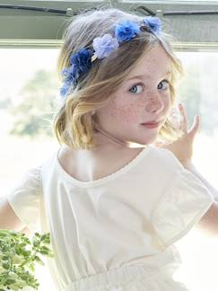 Coroa de flores azuis e folhas douradas, para menina