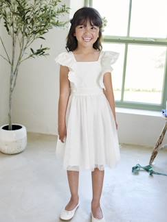Menina 2-14 anos-Vestido de cerimónia com folhos, em gaze de algodão e tule, para menina